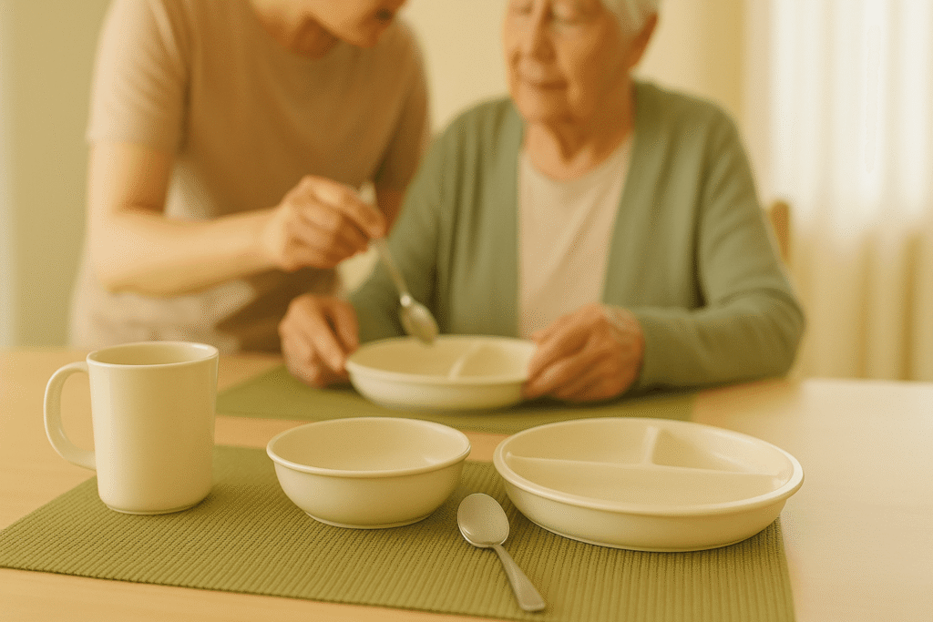 보호자가 노인에게 식사를 도와주는 따뜻한 테이블 장면