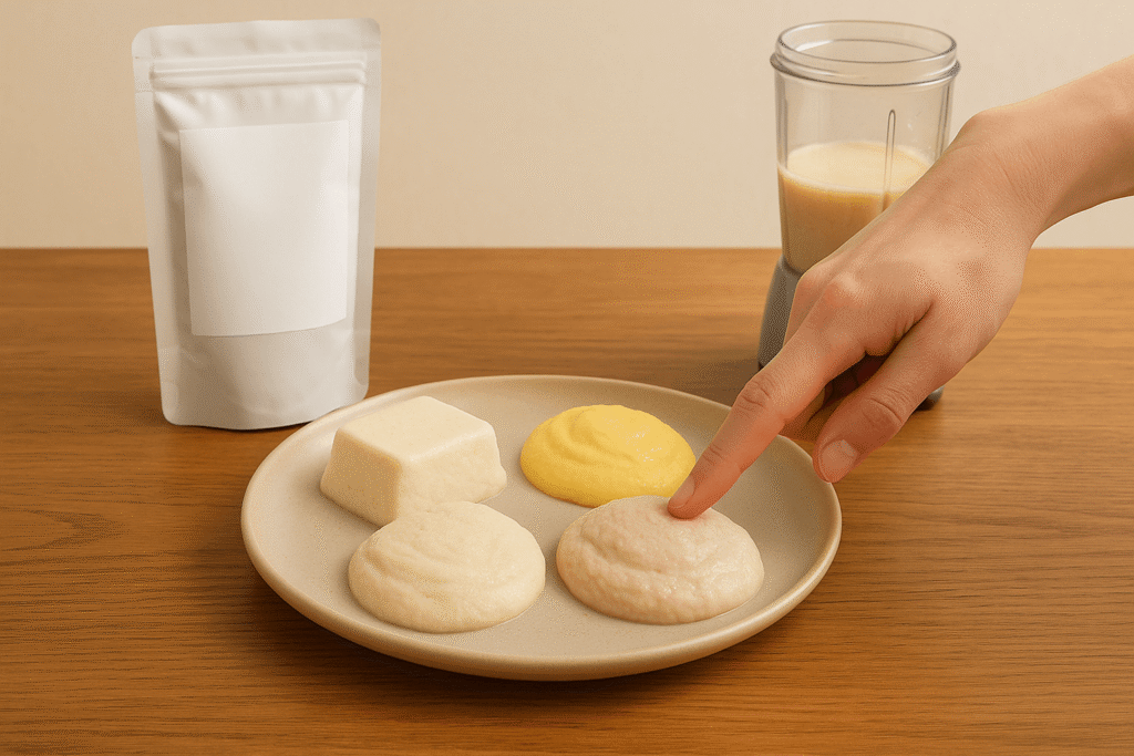 연화식 네 가지를 손가락으로 점도 확인하는 모습