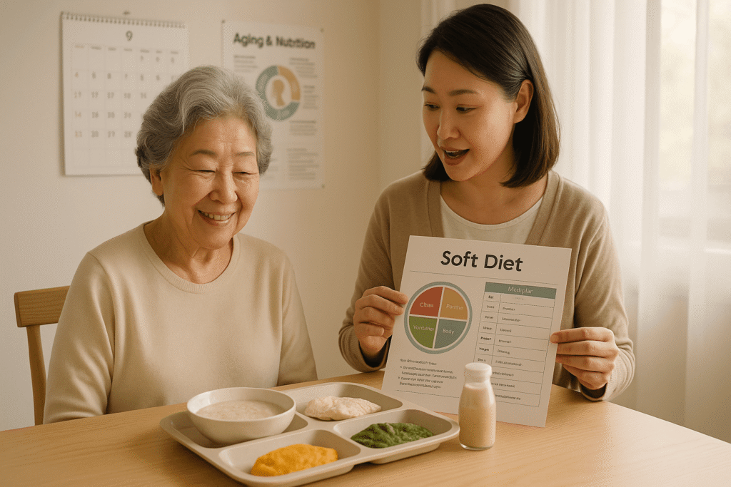 연화식 식판을 두고 소프트 다이어트를 설명하는 상담 장면