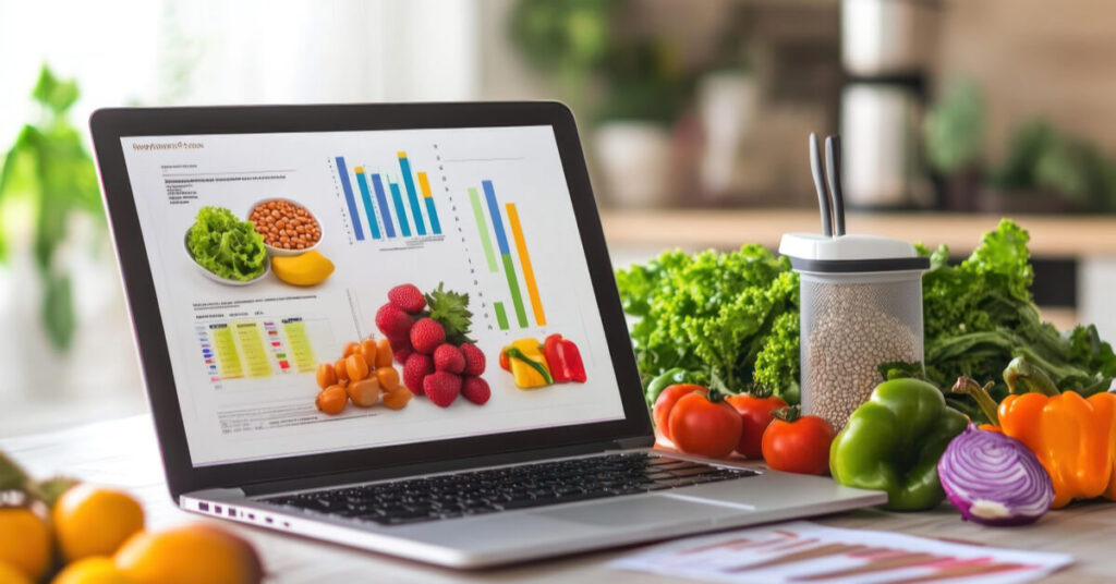 노트북에 영양 데이터가 보이고 주방에 채소가 놓인 장면